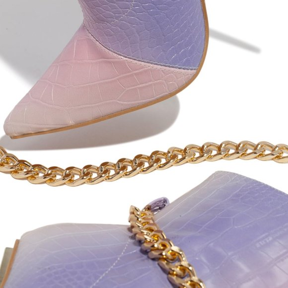 NEW🔥Embossed Multi-Color Pointy Toe Ankle Booties Boot Gold Chain Stiletto Heel - Picture 7 of 7